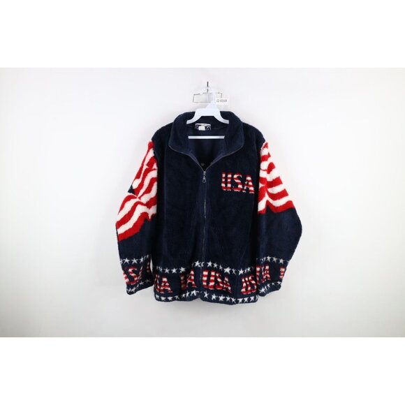 Vintage 90s Streetwear Mens Large USA Flag All Over Print Fleece Jacket USA